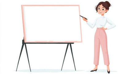 A confident woman in a white shirt and pink trousers stands ready with a marker beside a blank display board,