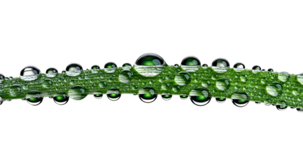Close-up of water droplets on a blade of green grass, isolated on white.