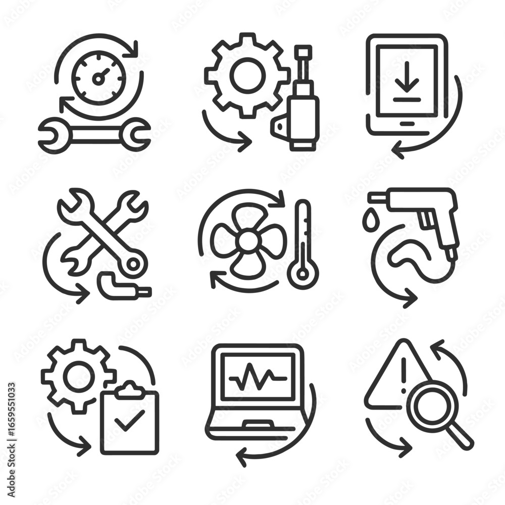 Poster maintenance icons grid. outline icon set of rotational control maintenance: sensor calibration, actu