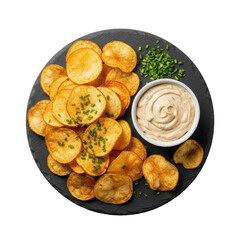 Crispy golden kettle chips, creamy French onion dip in white ramekin, vibrant chives on rustic dark gray slate platter, top-down on transparent. Appetizing food photography concept