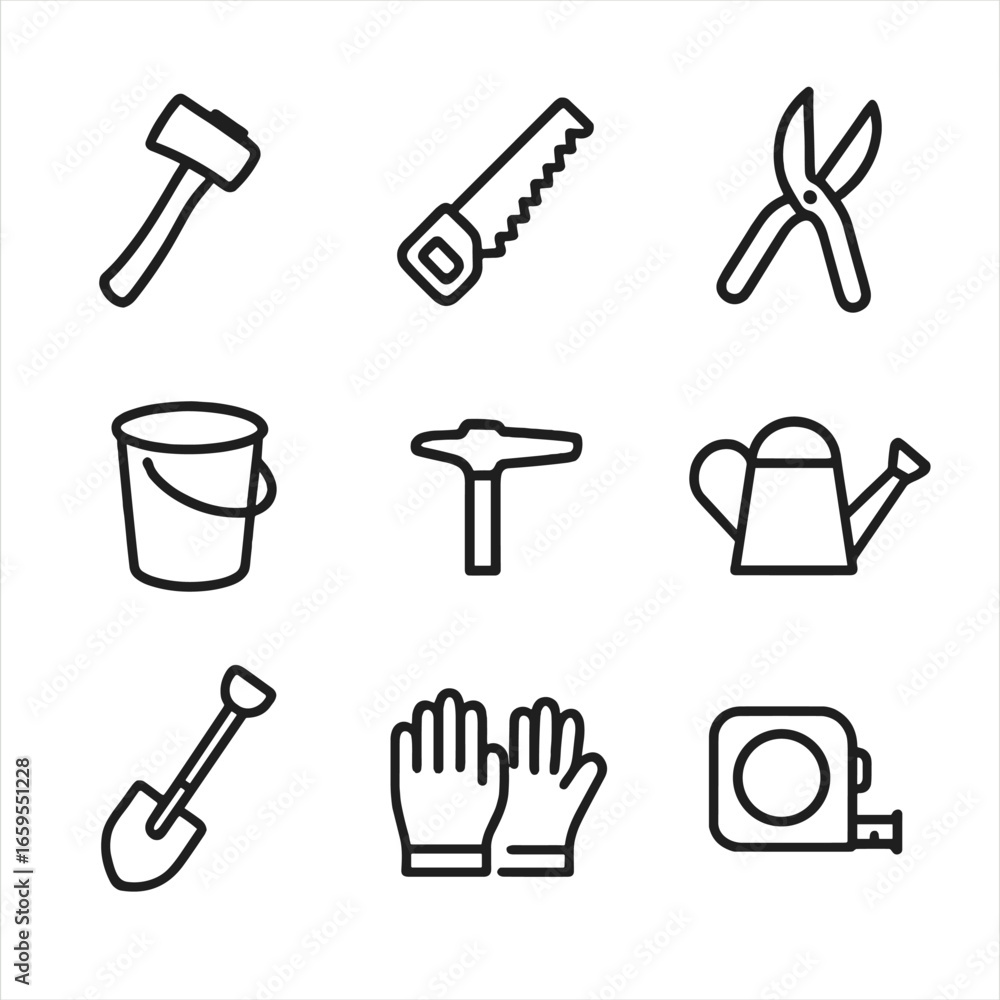 Poster maple tree tools icons. outline icon set of maple tree tools: axe, saw, pruning shears, sap bucket, 