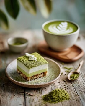 Handmade matcha tiramisu dessert and latte with delicate leaf art, elegantly arranged on a rustic wooden table, dusted with matcha powder, with soft natural side lighting creating a blurred background