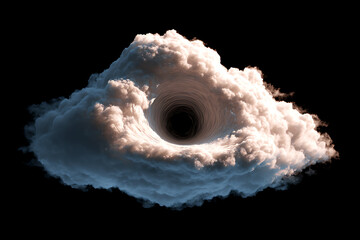 Ethereal cloud funneling towards a mysterious dark vortex, creating a dreamy yet ominous atmosphere with swirling mist and soft light