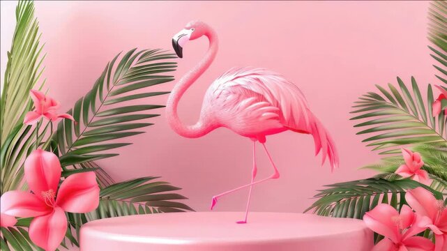 A pink flamingo is standing in front of a pink background. The flamingo is surrounded by pink flowers