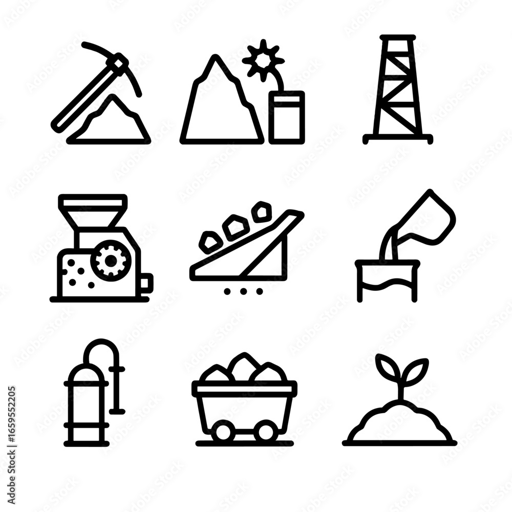 Poster mining process icons. outline icon set of mining processes: ore extraction, blasting, drilling, crus