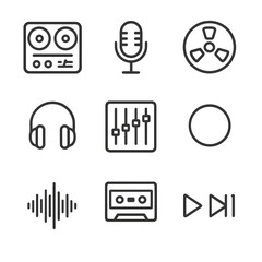 Mono Recording Icons. Outline icon set of mono recording: tape recorder, microphone, audio reel, headphones, mixer, record button,