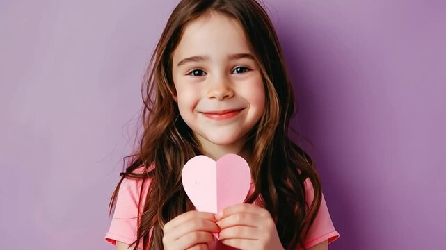 A young girl with long brown hair smiles while holding a pink heart cutout. She wears a pink shirt against a purple background.