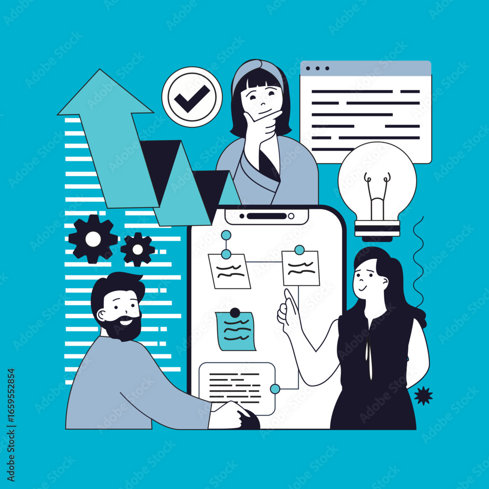 Poster project management concept for modern web design. people thinking and brainstorming, creating market