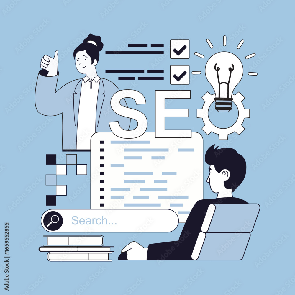 Poster seo optimization concept for modern web design. people research online website traffic data, selecti