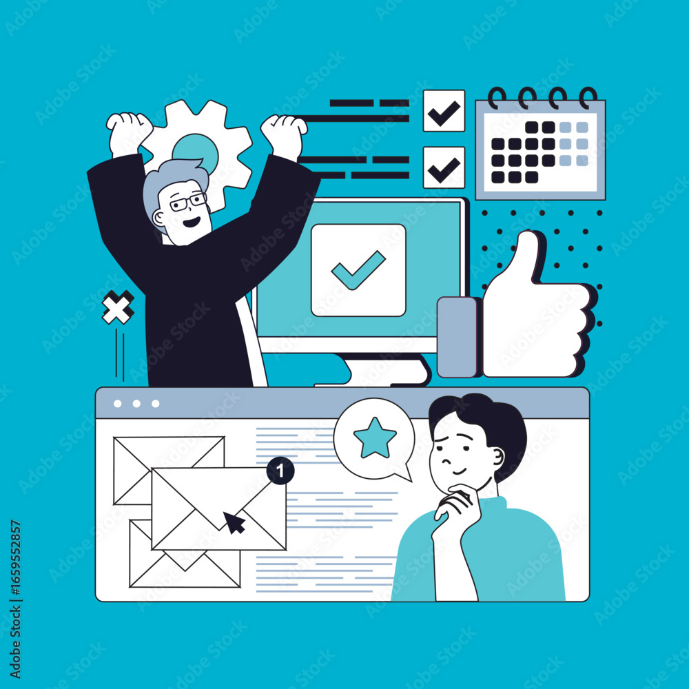 Poster project management concept for modern web design. people brainstorming, working in team with calenda