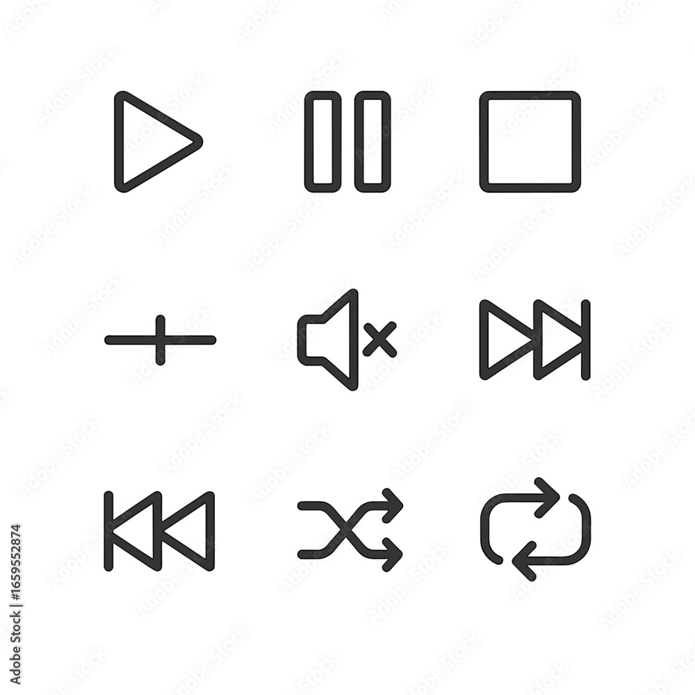 Poster music control icons. outline icon set of stereo music playback controls: play button, pause button, 