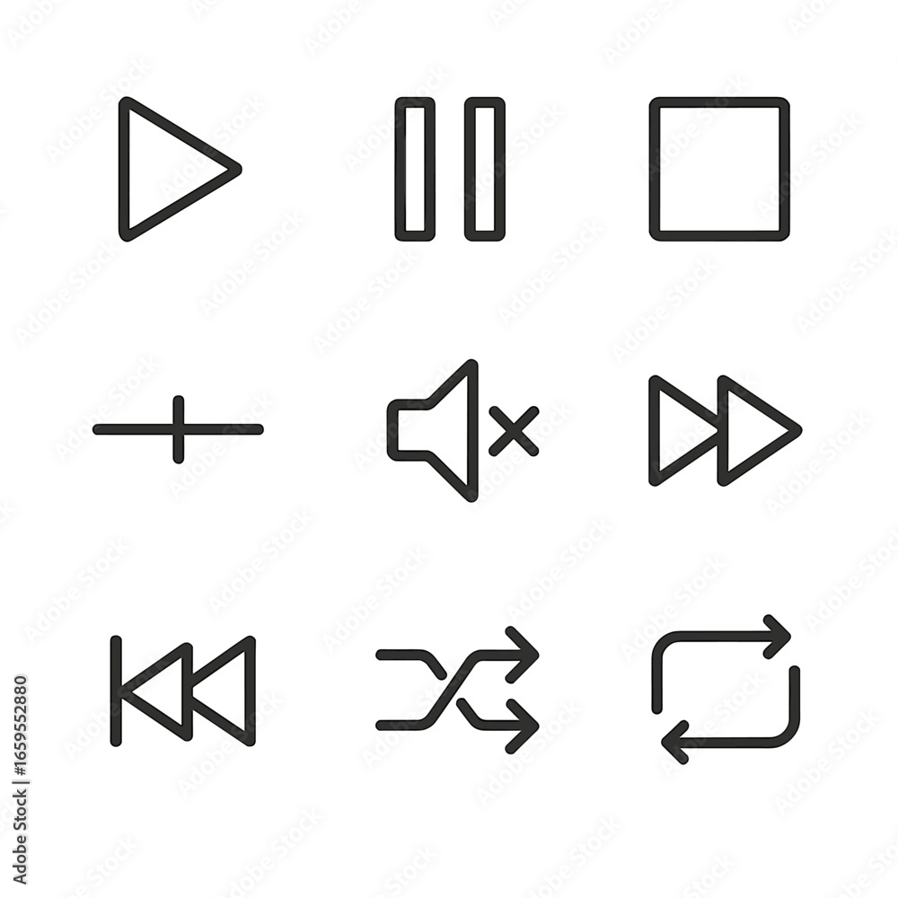 Poster music control icons. outline icon set of stereo music playback controls: play button, pause button, 
