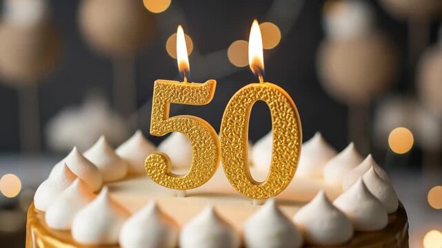 A 50th birthday cake with golden candles and a festive atmosphere. - Powered by Adobe