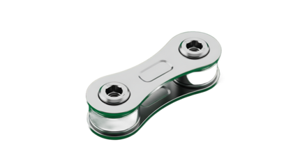 Close-up of a silver bicycle chain link with green accents.