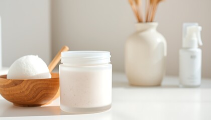Skincare jar with pink cream and wooden bowl with fluffy balls on white surface beauty cosmetic