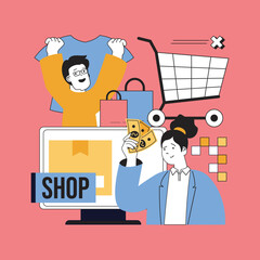 Shopping and Ecommerce concept for modern web design. People making purchases in internet store, finding discount prices and saving monye, paying online at marketplace platform. Vector illustration.