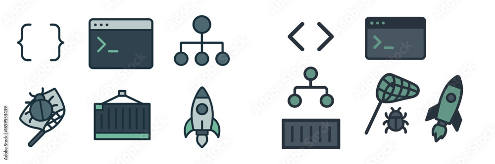 Wall mural software development and debugging icons, minimalist flat design