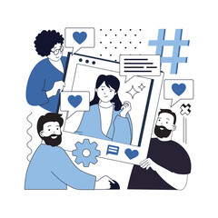 Social media influencer concept for modern web design. People following favorite blogger, likes new posts with photo and advertising, sharing links online and commenting blog. Vector illustration.