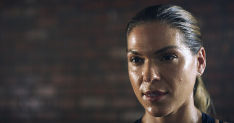 Woman, sweat and thinking with mockup space for exercise, intense workout and wellness as...