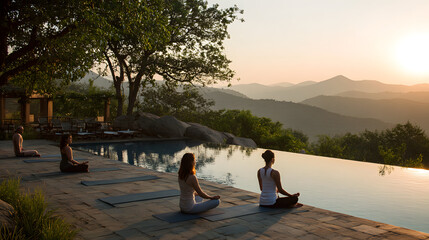 A serene yoga retreat with practitioners engaged in poses amidst tranquil surroundings 