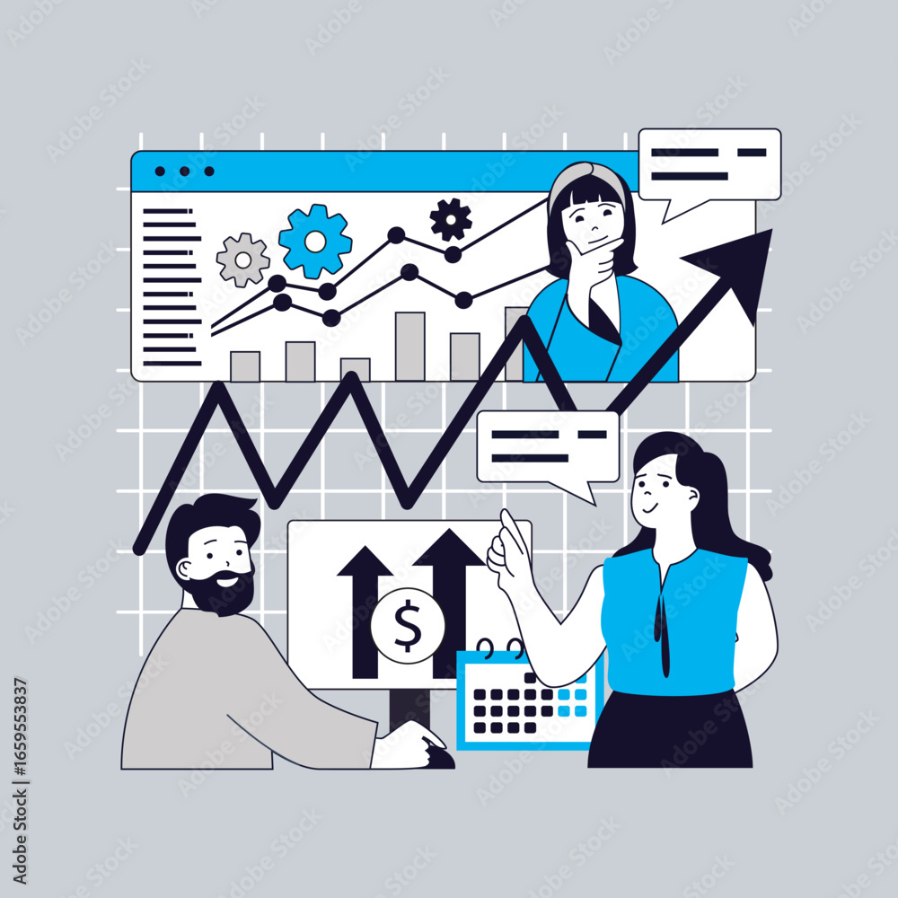 Poster statistics and analytics concept for modern web design. people monitoring datum results online, exam