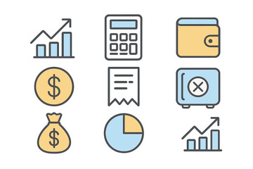 Financial Icons with Growth Charts and Money Symbols