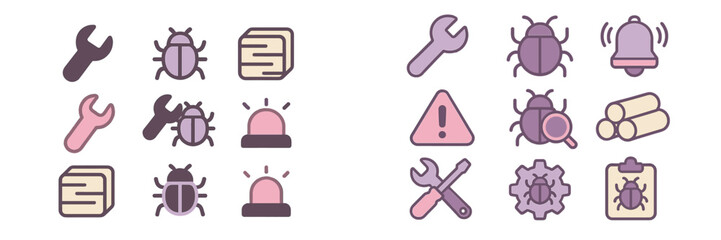 Fototapeta premium Bug Fixing and Maintenance Icons, Minimalist flat design