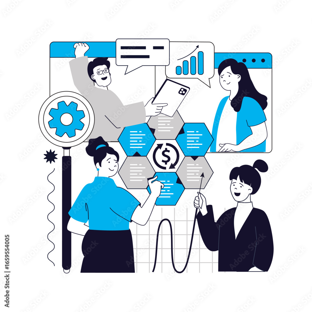 Poster statistics and analytics concept for modern web design. people analyzing financial data at charts an