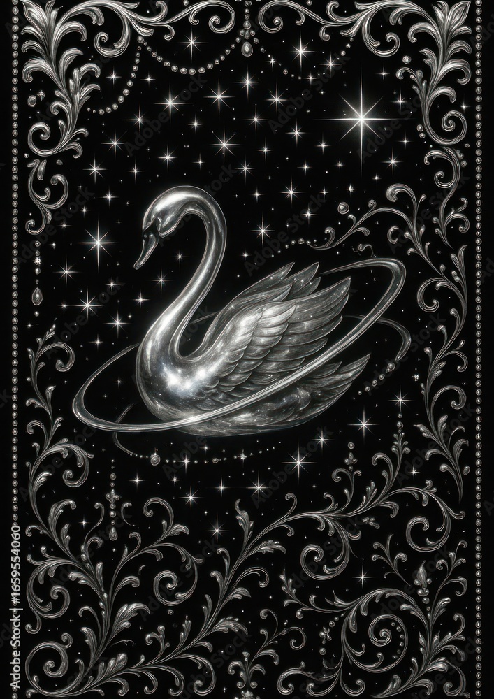 Poster elegant celestial swan in space.