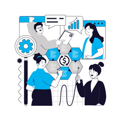 Statistics and analytics concept for modern web design. People analyzing financial data at charts and diagrams, discussing expertise reports, research and work in collaboration. Vector illustration.