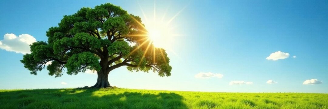 Majestic oak, sunlit crown, blue sky, green field , tranquility, photography, photo