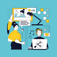 Video podcast concept for modern web design. People with mic creating audio interviews and talk streaming at internet platform, followers listen podcast show, sharing links. Vector illustration.