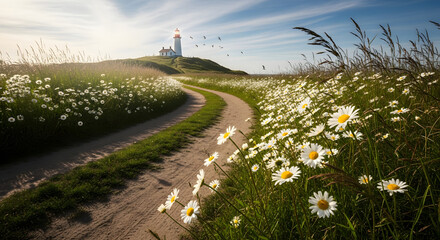 Picturesque Lighthouse with White Daisies Along a Dirt Path