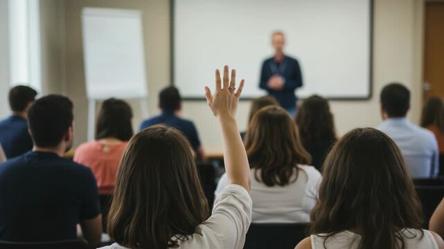 A woman raises her hand to ask a question during a business presentation in a conference room
