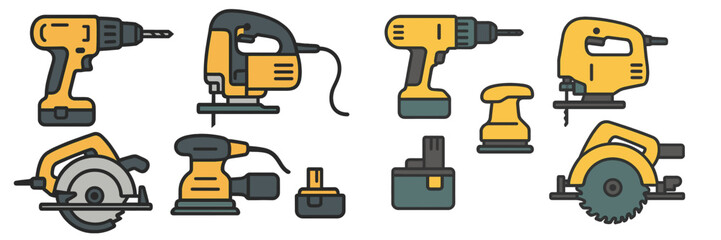 Fototapeta premium Power Tools and Batteries Collection, Minimalist flat design