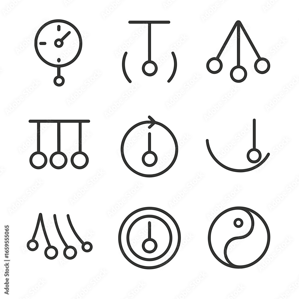 Poster pendulum icon set. outline icon set of pendulum in abstract and symbolic concepts: time flow, balanc
