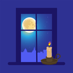 Candle on window at night with full moon and cityscape, calm peaceful evening, flat vector illustration