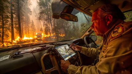 A fire unit chief directing operations at the scene of a wildfire, using technology to monitor fire activity and instruct firefighters on how to contain the spread