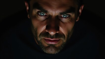Obraz premium Intensely focused portrait of a man with striking blue eyes, set against a dark backdrop.