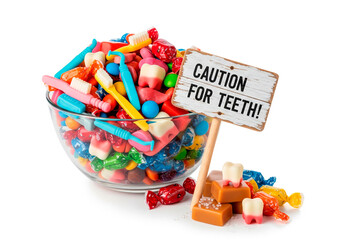Colorful Assorted Candies in Glass Bowl Next to "Caution for Teeth!" Sign, Playful Halloween Treat Warning for Dental Humor Stock Photos in Levity and Laughter 2025 Trends