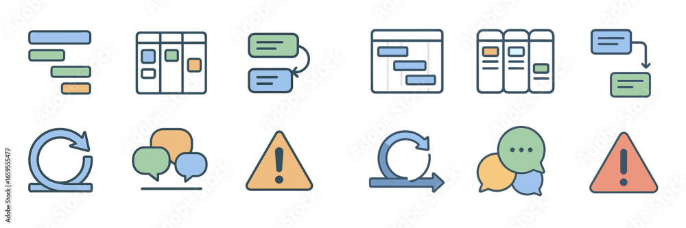 Poster project management and workflow icons set, minimalist flat design