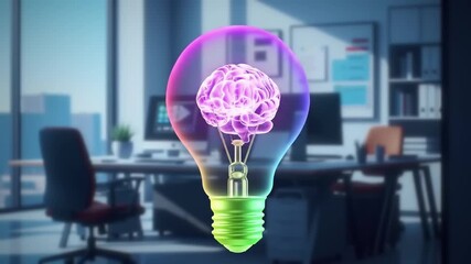 Colorful light bulb with a brain illustration in a modern office setting, showcasing creativity and innovation - Powered by Adobe
