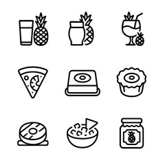 Pineapple Icon Set. Outline icon set of pineapple culinary uses: pineapple juice, pineapple smoothie, pineapple cocktail,