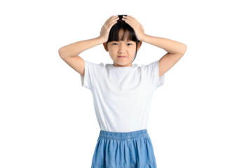 A young girl expressing frustration and covering her head with her hands on PNG 