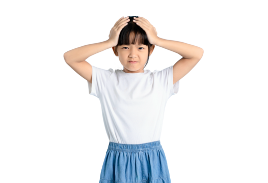 A young girl expressing frustration and covering her head with her hands on PNG 