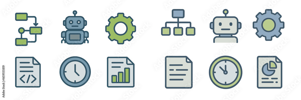 Poster robots and workflow symbols, minimalist flat design