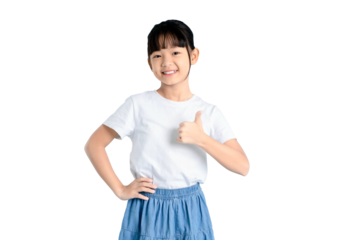 A young girl is happily gesturing a thumbs-up while standing and smiling on PNG 