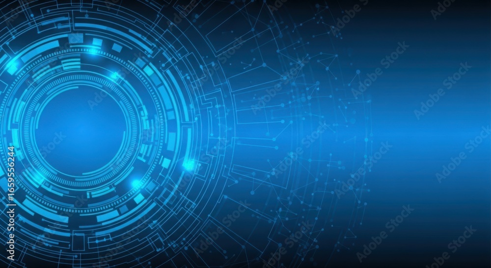 Poster abstract blue futuristic circular energy design with glowing lights and data streams