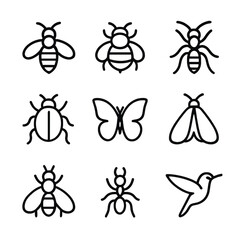 Pollinator Insect Icons. Outline icon set of pollen related insects: honeybee, bumblebee, wasp, beetle, butterfly, moth, fly, ant,
