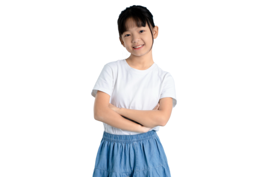 A portrait of a young girl with folded arms, radiating confidence and a cheerful attitude.  The girl is wearing a white shirt and a skirt.  